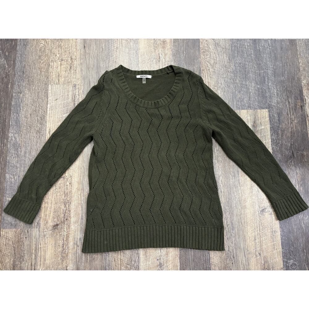 DKNYC Womens Olive Green Pointelle Chevron Knit Angora Blend Sweater Size M